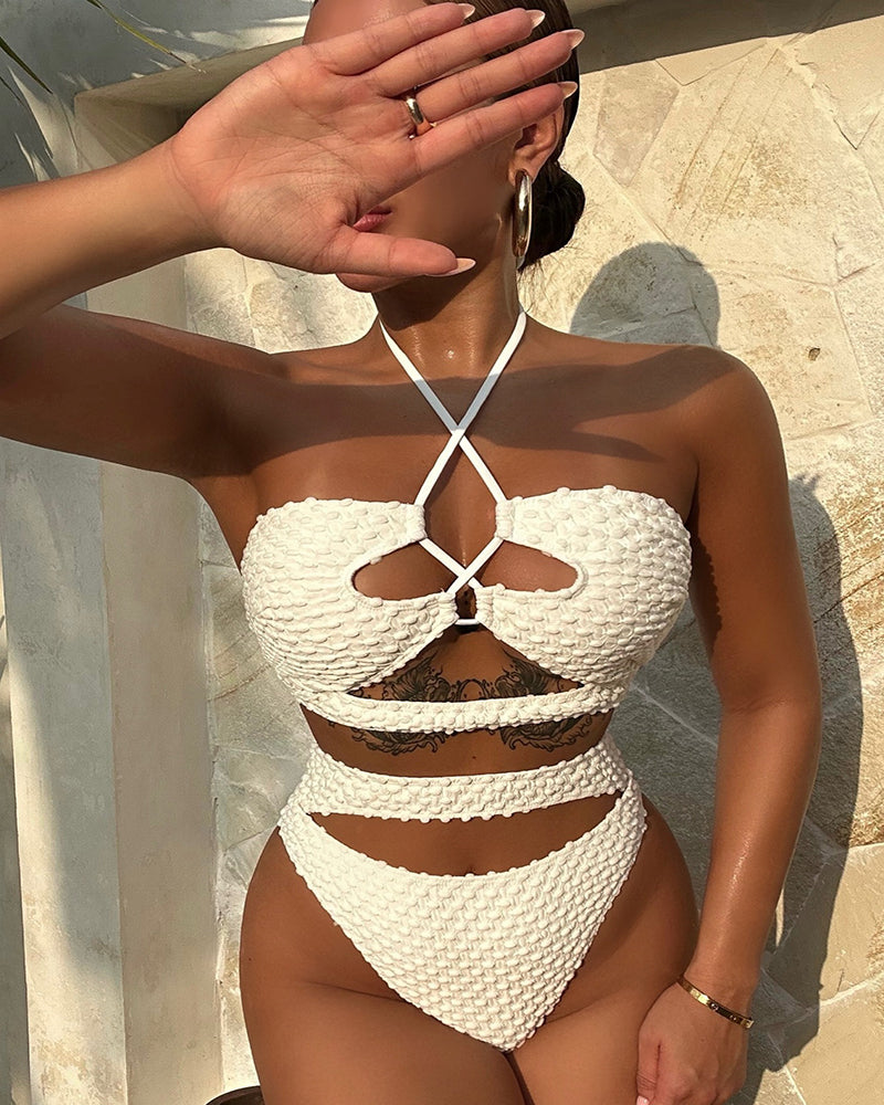 White Halter Neck High Waist Hollow Out Bikini Set S-L