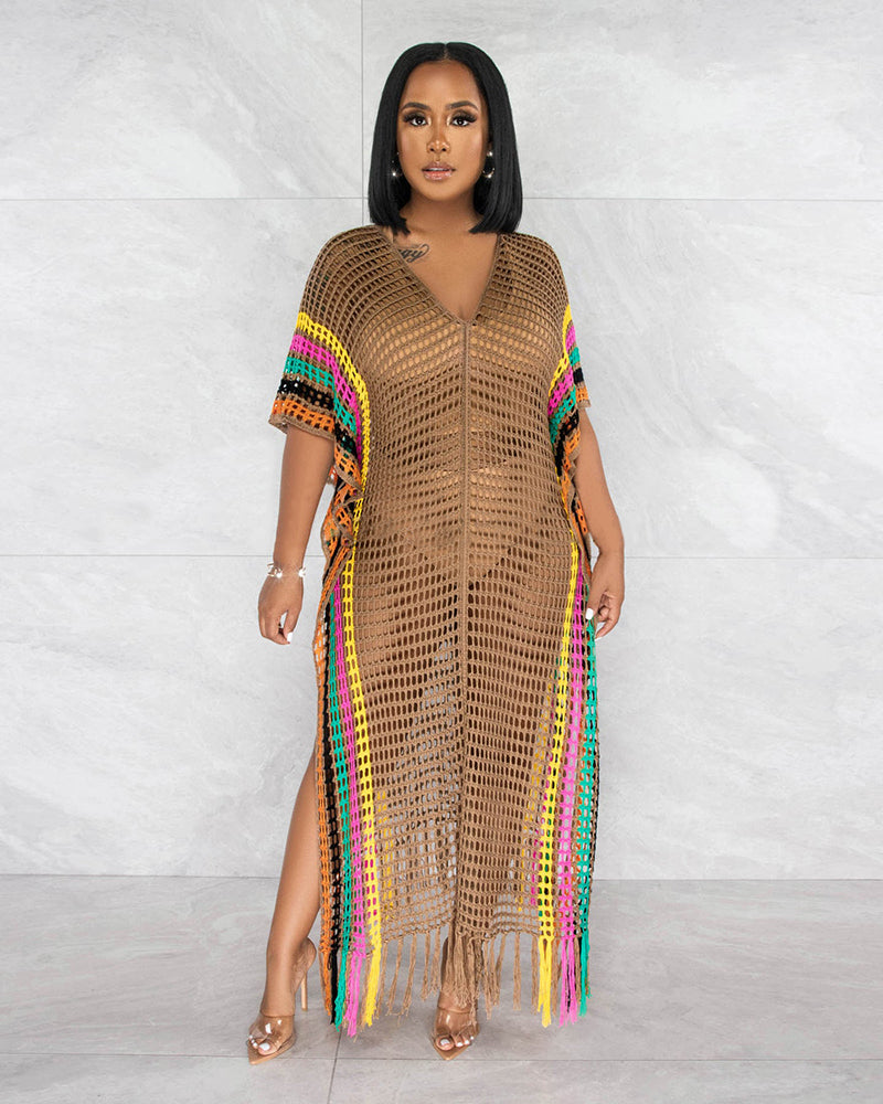 Colorblock Women New Long Beach Dress Knitted Beach Dress