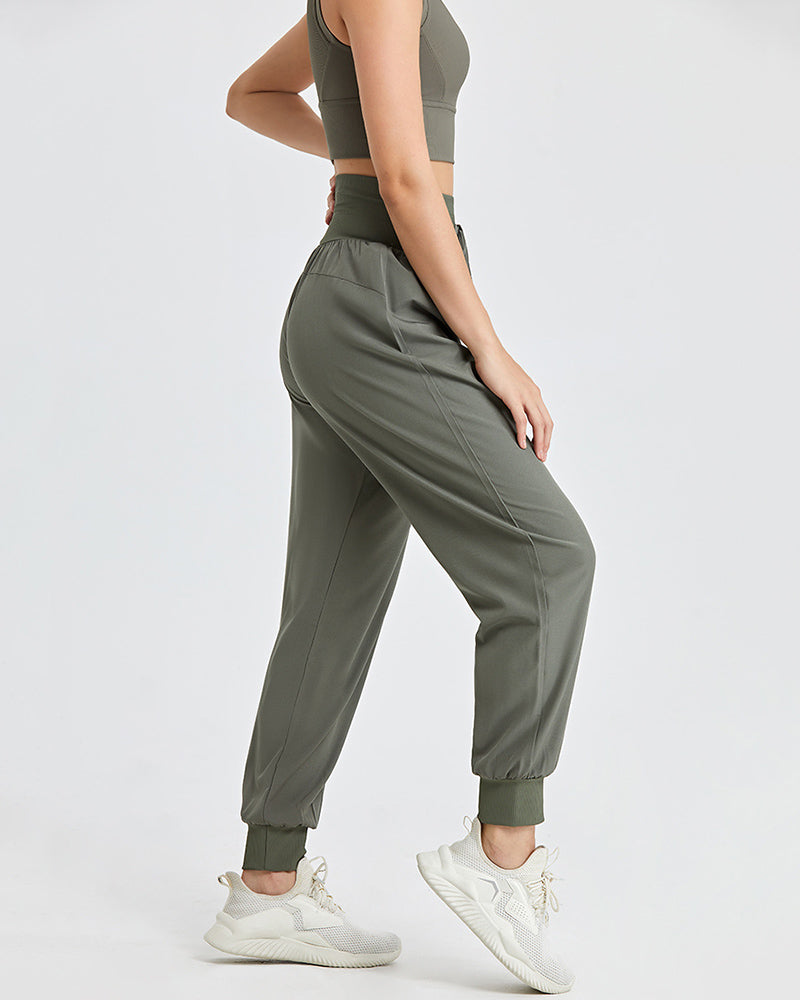 High Waist Drawstring Women Solid Color Sports Yoga Bottoms Joggers Loose Pants Black Khaki Green S-XL