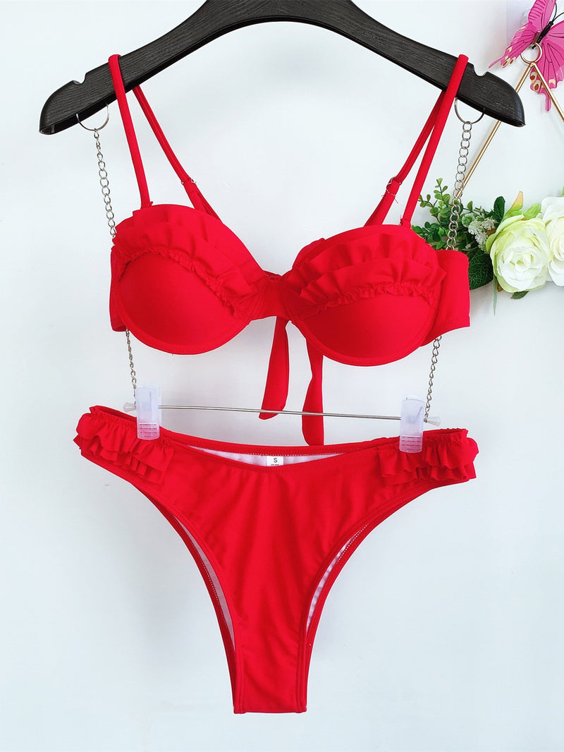 Swimsuit In Solid Color Bikini With Petals OM22098