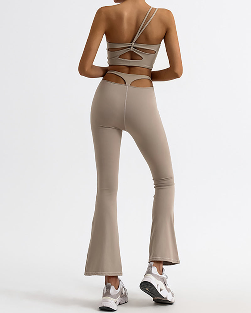 Women One Shoulder Strappy Hollow Out High Waist Wide Leg Pants Yoga Two-piece Sets Orange Khaki White Black S-L