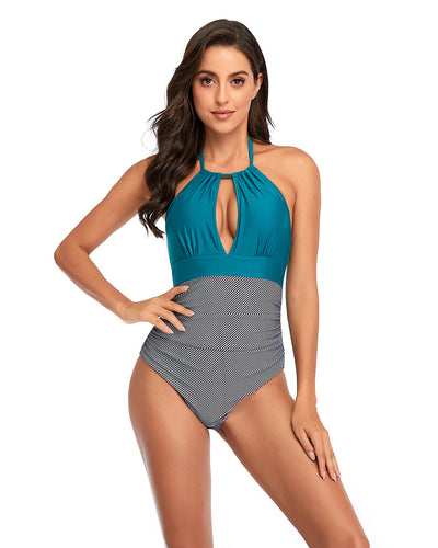 Fashion Hollow Out Colorblock Women One-piece Swimsuit Blue Pink S-2XL