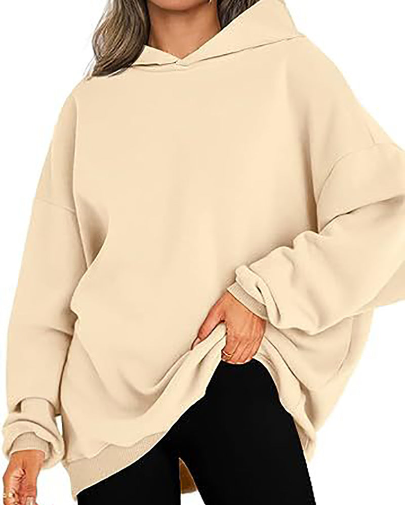 Women Long Sleeve Solid Color Hooded Loose Pullover Tops S-XL