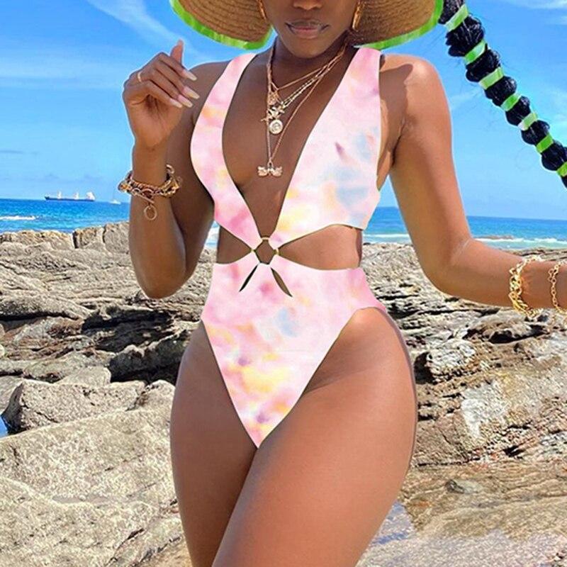 Tie Dye One Piece Swimsuit 2021 New Monokini Backless Swim Suit Bathing Suit Beach V Neck Swimwear Women Bodysuit OM22457