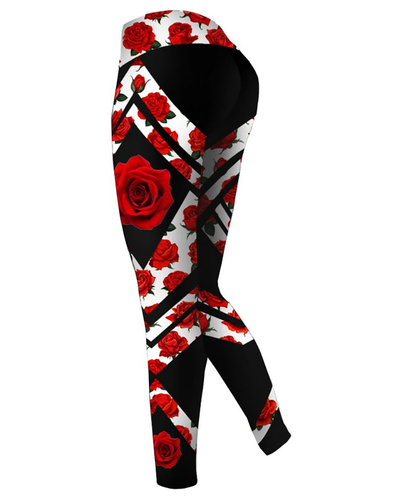 Women Casual Yoga Sport Pants Pink Black Skull Rose Print 3D Trousers Leggings