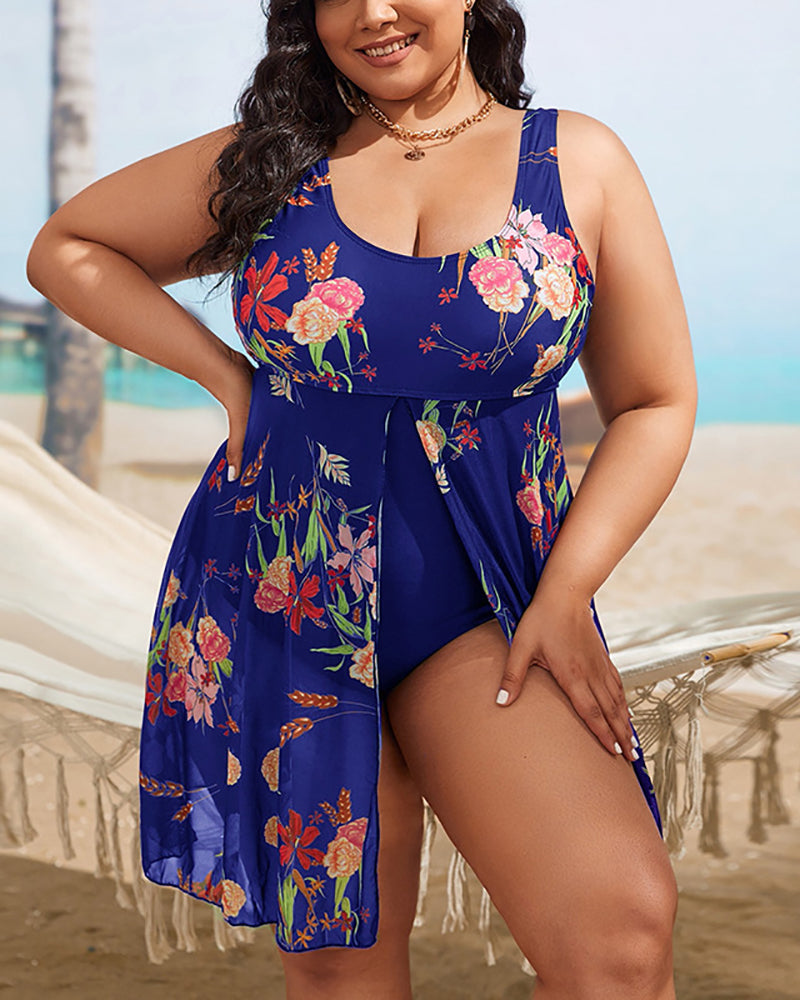Women Florals Printed U Neck High Waist Plus Size Swimsuit Leopard Blue Green XL-5XL