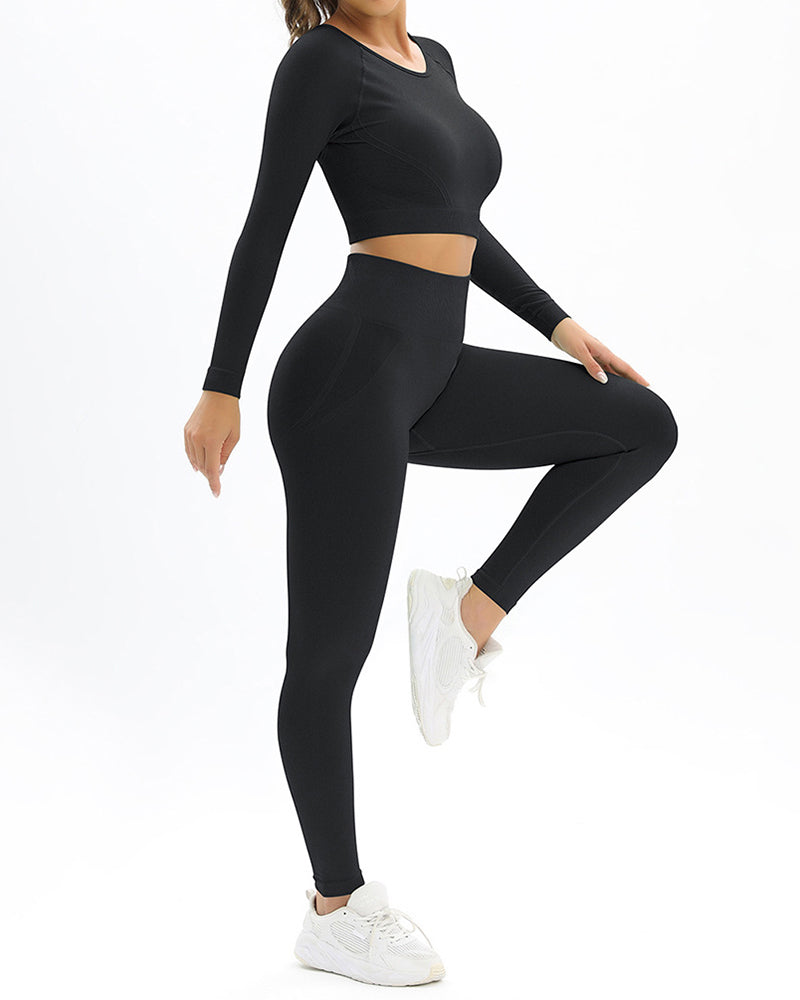 Long Sleeve Solid Color Backless Yoga Two-piece Set S-L Pants Sets