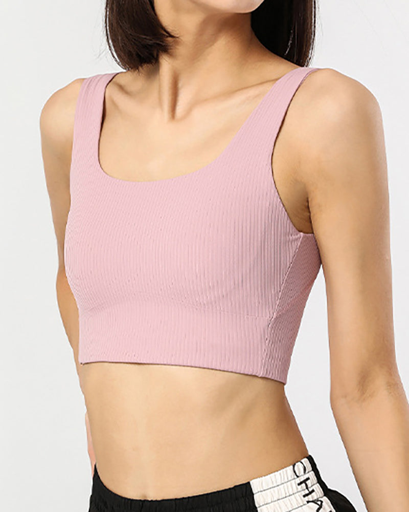 New Women Wide Shoulder Fixed Cup Ribbing Yoga Tops Sports Bra Gray Brown Pink Green Black S-2XL