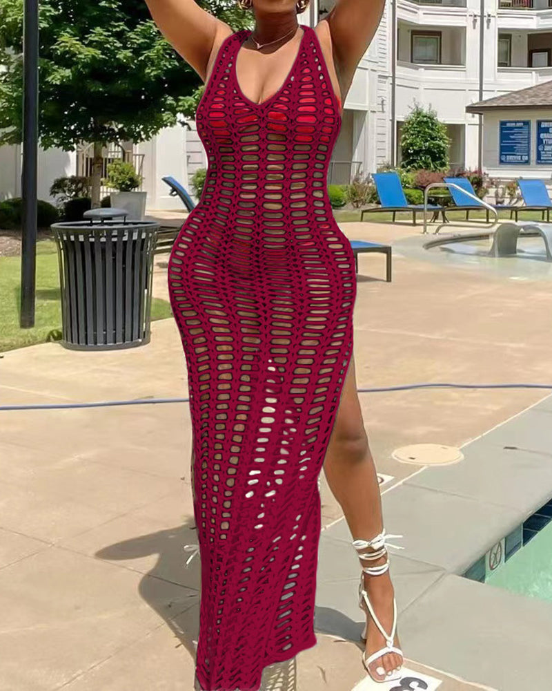 Women Knit Mesh Sleeveless V-neck Fashion Solid Color Beach Dresses White Black Red Green Blue Orange Army Green Light Apricot S-2XL