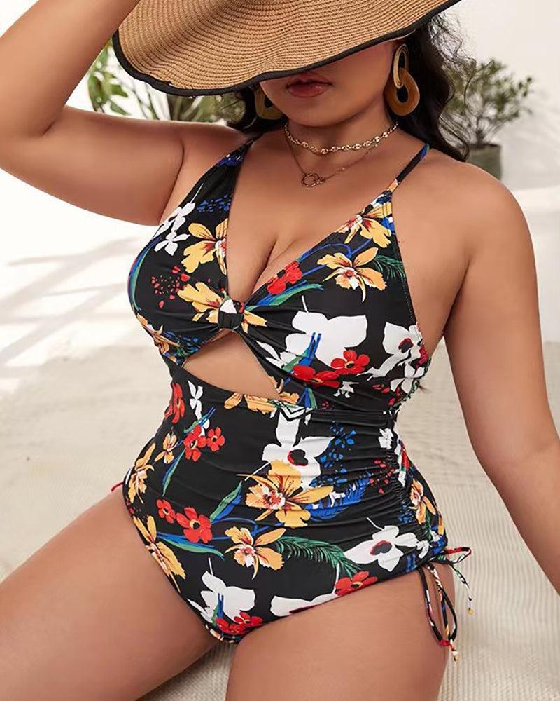 Women Florals Printing Hollow Out Backless High Waist Plus Size Swimsuit L-4XL