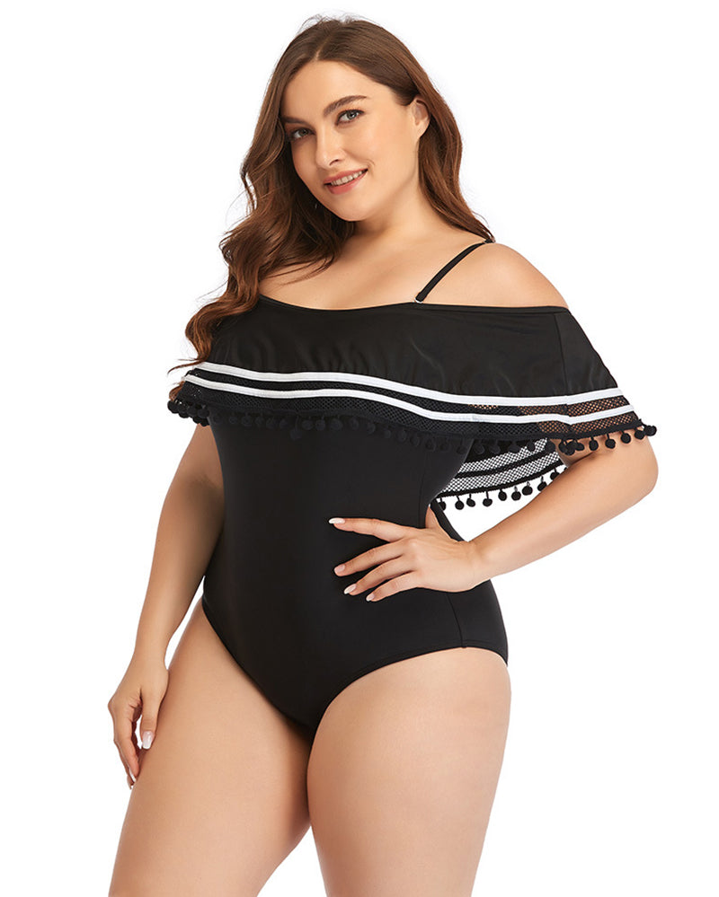 Women Off Shoulder Sexy One Piece Plus Size Swimwear Black L-4XL