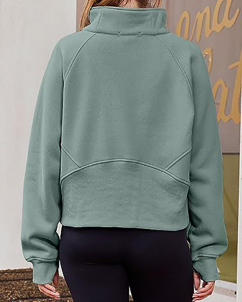 Half Zipper Long Sleeve Pocket Sweater Stand Neck Pullover Top S-XL