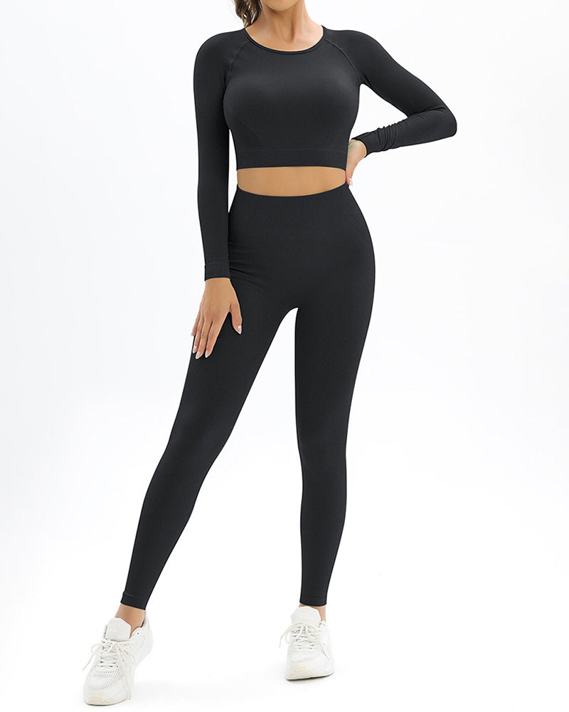 Long Sleeve Solid Color Backless Yoga Two-piece Set S-L Pants Sets