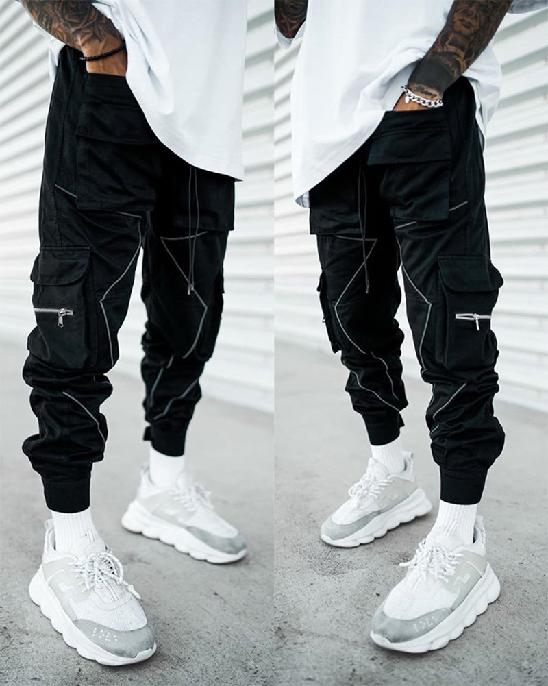 Summer Men Casual Steet Style Refletive Line Pocket Pants M-3XL Joggers