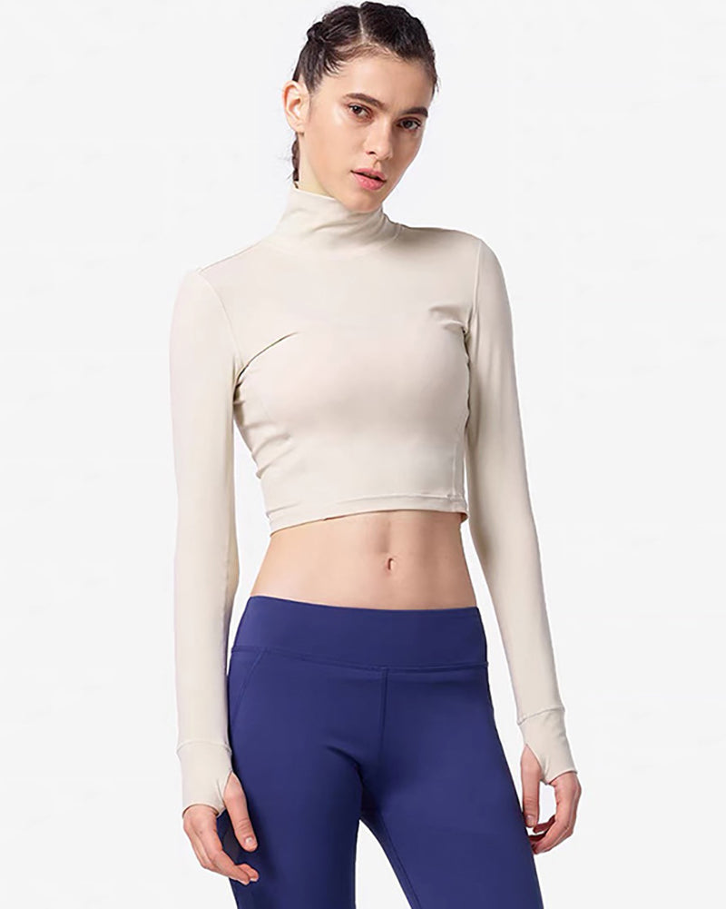 High Neck Long Sleeve Fashion Back Hole Sport Crop Top With Pad S-L