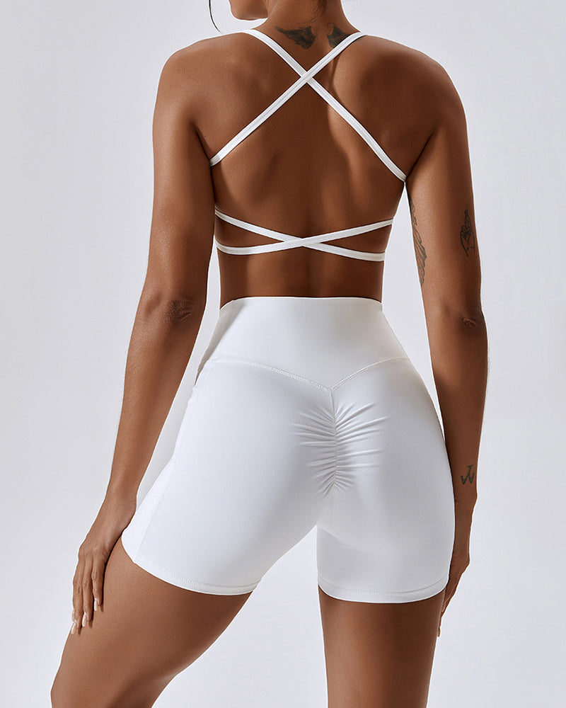 Deep V Neckline Halter Straps Thin Strap Cross Cross Waist No Embarrassing Lines Side Patch Pockets Yoga Two Piece Sets 8-14 Shorts Sets Pants Sets