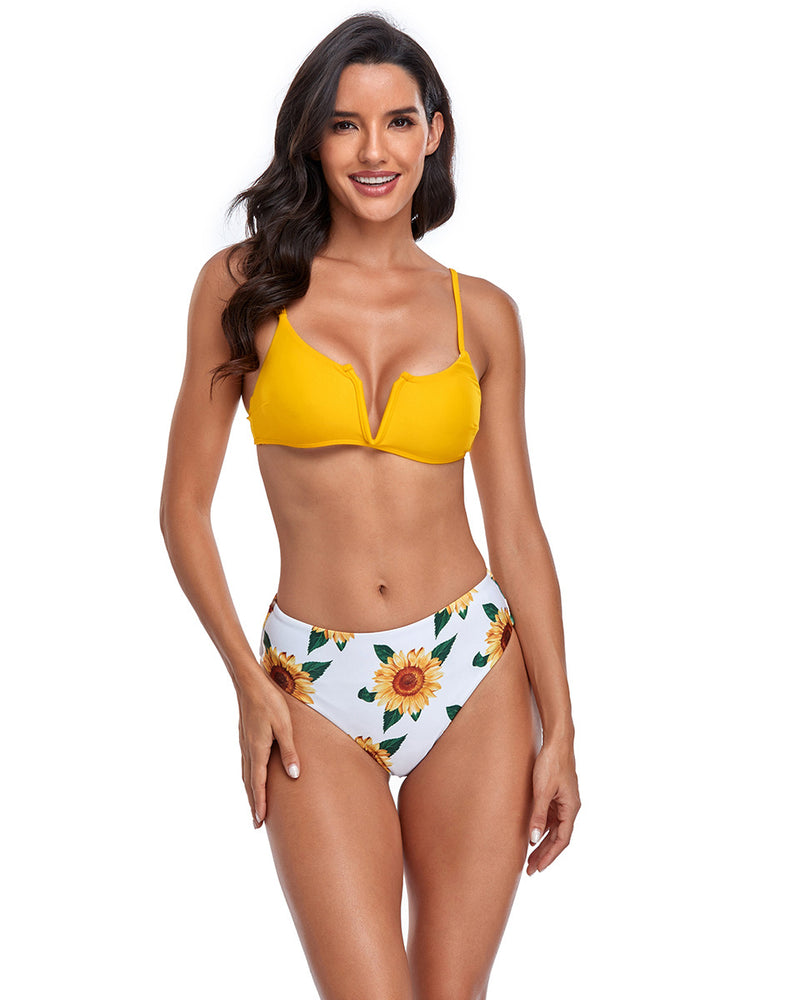 Women Strap V-Neck Printed Fashion Two-piece Swimsuit Sexy Bikini Yellow Black Green S-XL