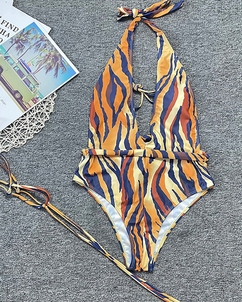 Fashion Hollow Out Backless Strappy Halter Neck Tager Striped One-piece Swimsuit S-L