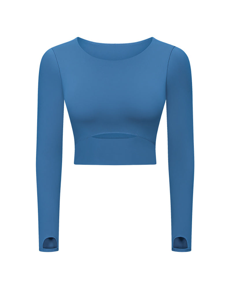 Autumn Women O-neck Solid Color Long Sleeve Running Crop Tpp Yoga Tops 4-12