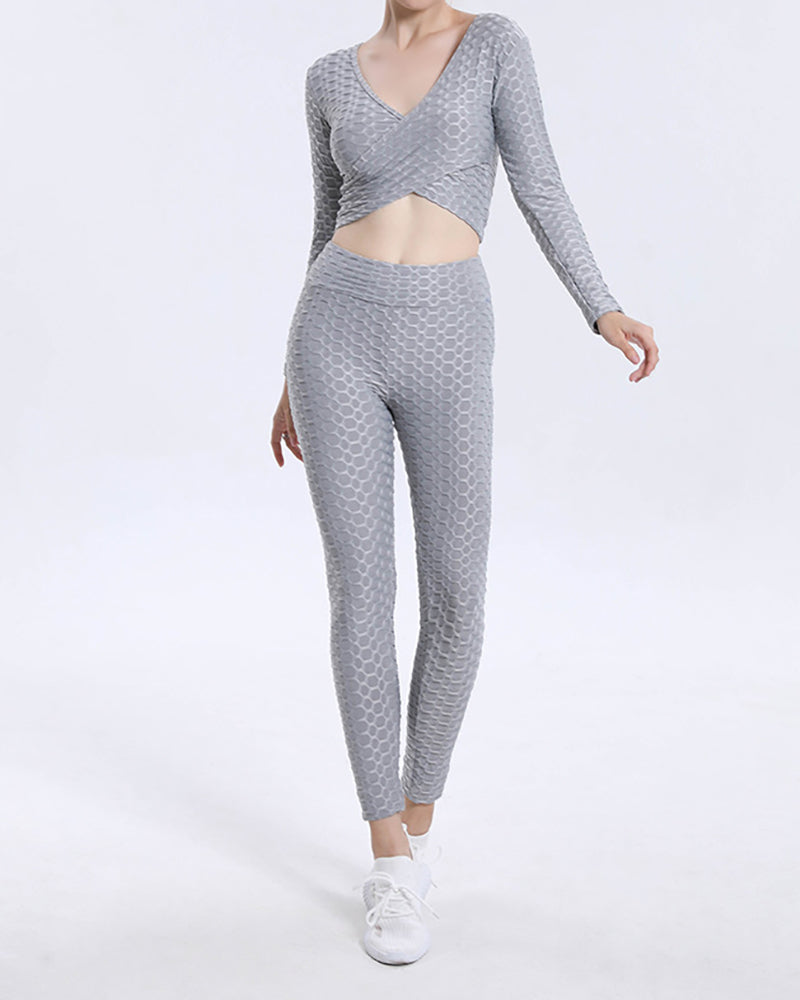 Jacquard Bubble Sexy Cross Long Sleeve Top High Waist Fitness Pants Yoga Suit Set Solid Color S-XXL Pants Sets