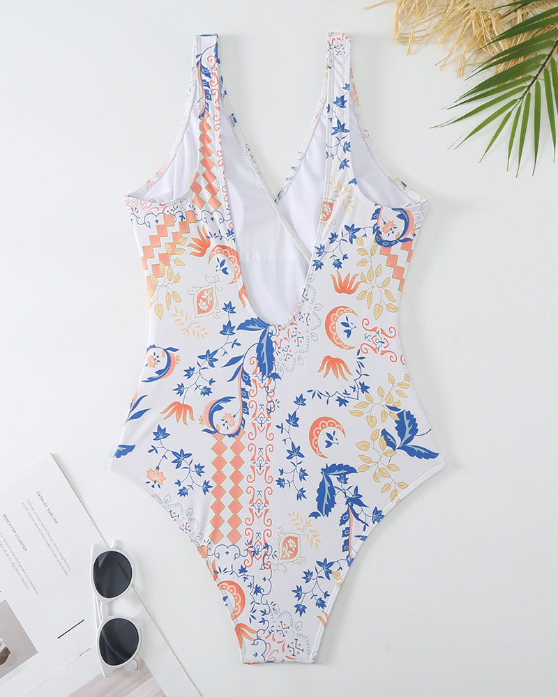 Boho Summer Sexy Printed V Neck Cover Up Two-piece Swimsuit S-XL