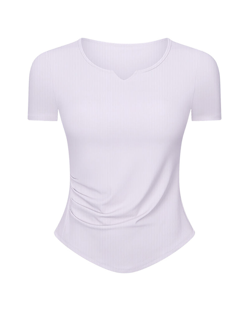 Women V-Neck Ruched Solid Color Short Sleeve Slim Yoga Tops 4-12