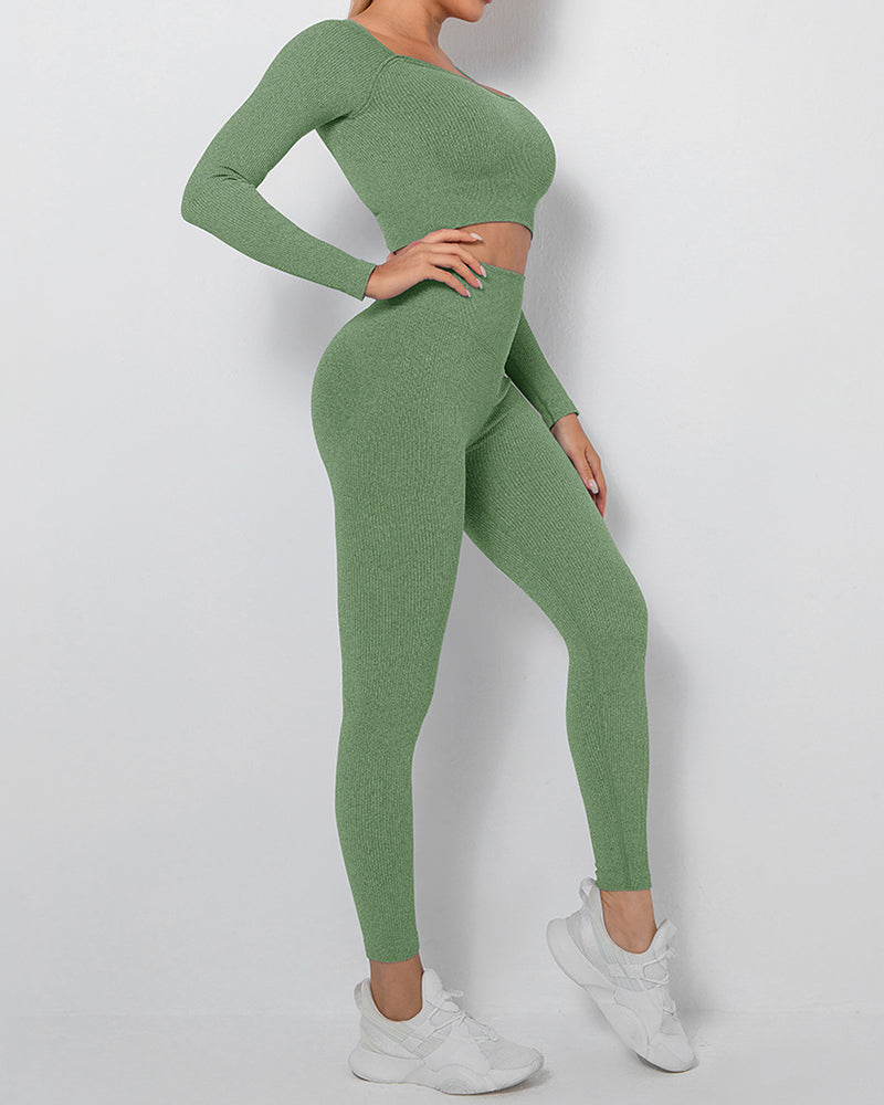 Yoga Seamless Fitness Wear Long Sleeve Sports Suits Two-piece Sets S-L Pants Sets