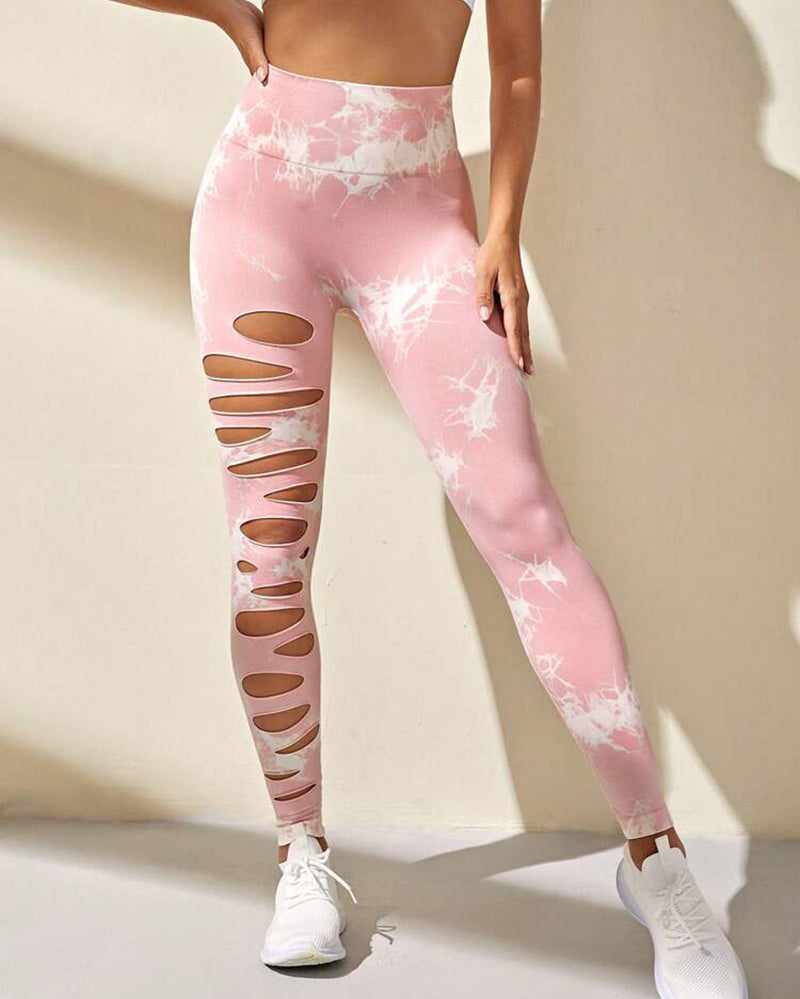 Women Hollow Out Tie Dye Sports Pants Yoga Leggings S-L