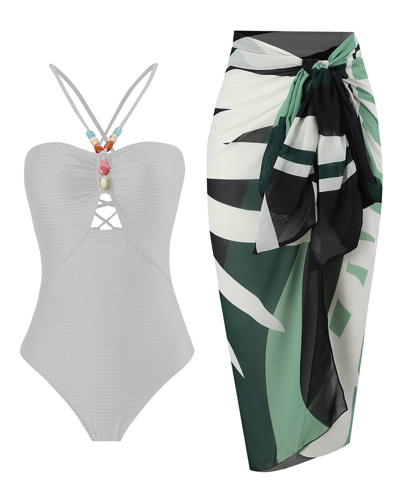 Hollow Out Strappy Swimwear Fashion Printing Summer Beach Cover Up Two-piece Swimsuit S-XL