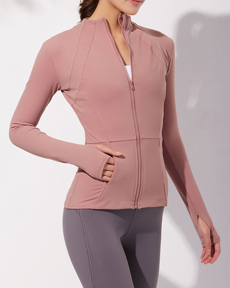 Autumn Slim Fit Collar Workout Sport Long Sleeve Women Zipper Nylon Fitness Jacket With Thumb Holes Quick drying Sport Yoga Tops Coat