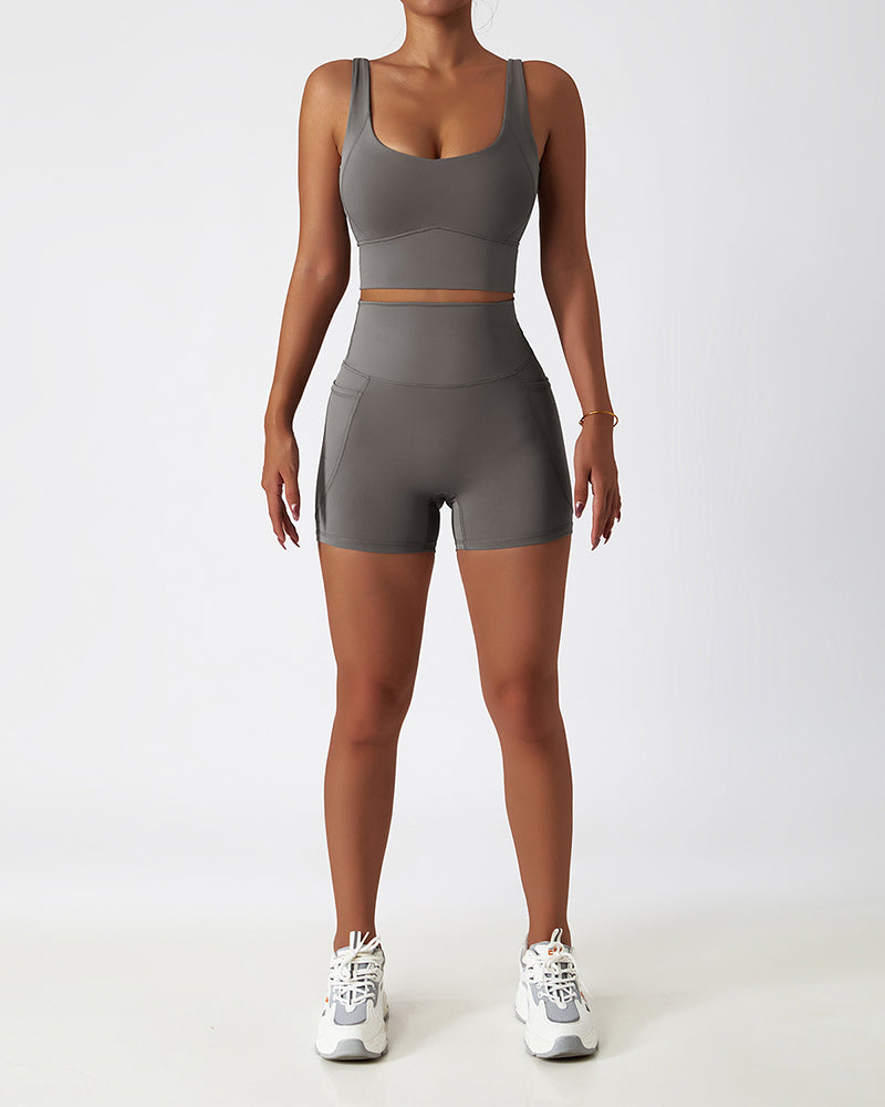 Wholesale Solid Color Seamless Breathable Nude Feeling Soft Yoga Two-piece Sets S-XL Shorts Sets