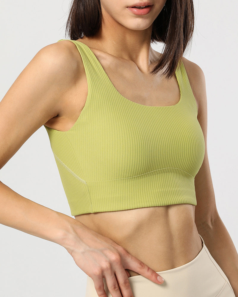 New Women Wide Shoulder Fixed Cup Ribbing Yoga Tops Sports Bra Gray Brown Pink Green Black S-2XL