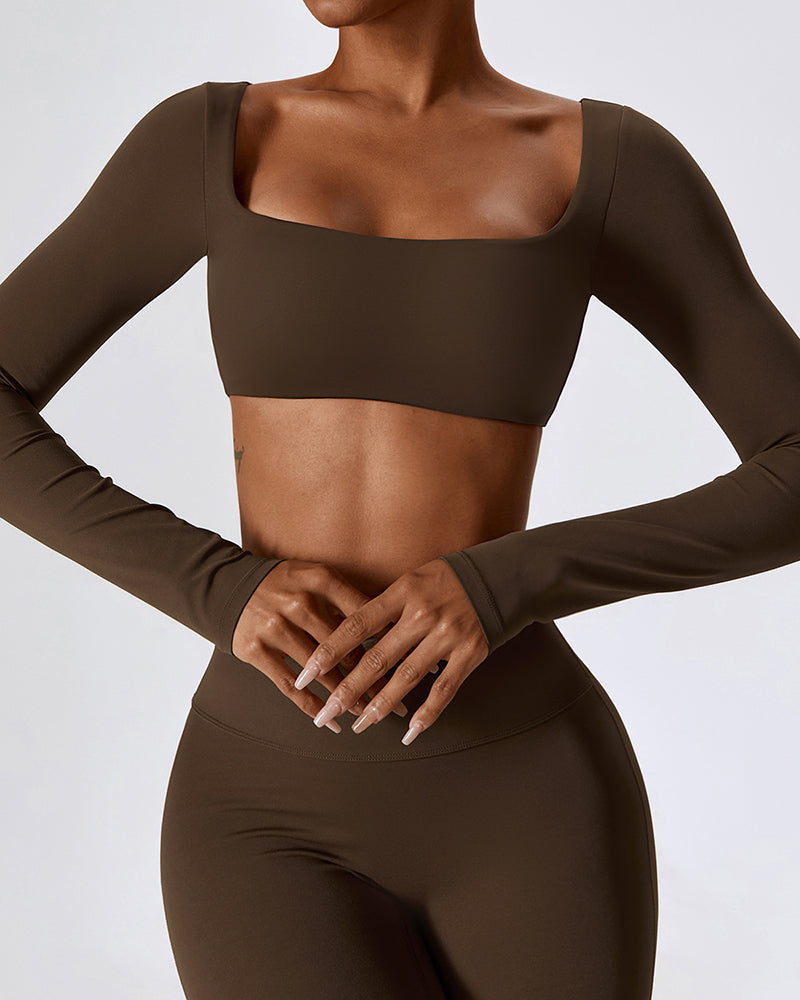 Long Sleeve Square Neck Show Waist Solid Color Yoga Tops Black Brown Coffee Bean Green Apricot S-XL