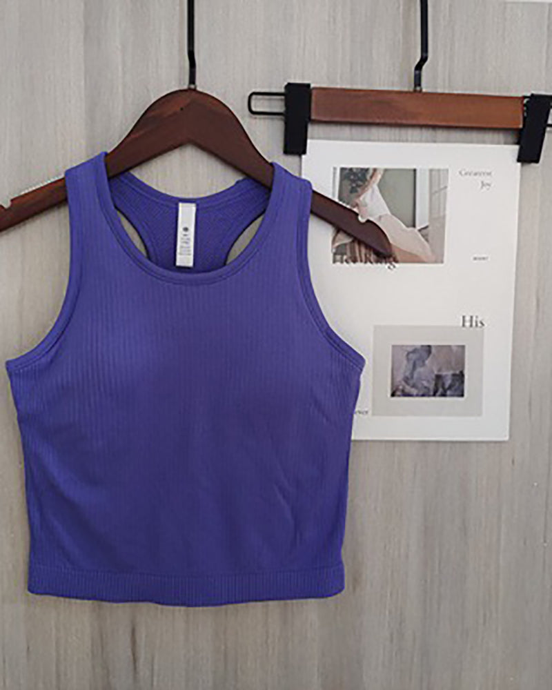 Women Sleeveless Solid Color Yoga Sports Vest With Pad S-L