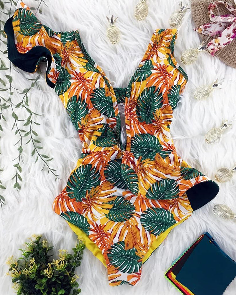 Sexy Swimwear Flounces Printed One-piece Swimsuit