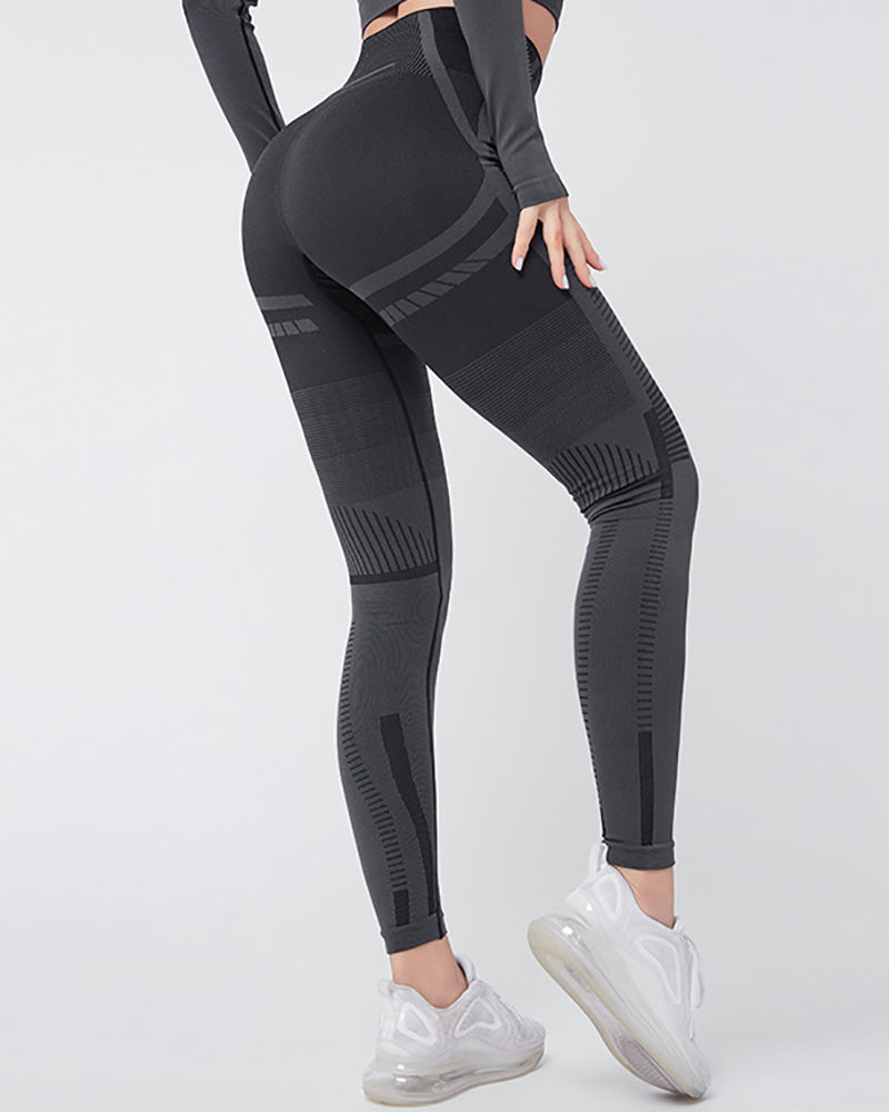 Sports Fitness Two-Piece Suit Exposed Long-Sleeved Yoga High-Waist Pants S-L