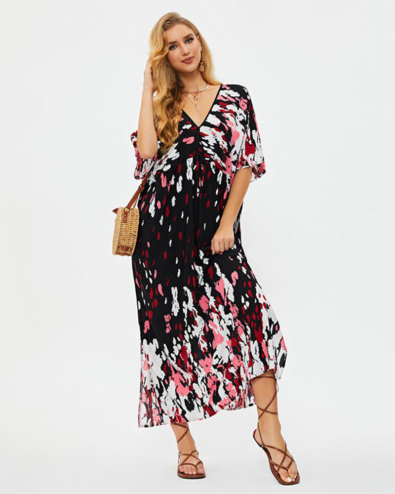 Florals Boho V Neck Elegant Beach Dresses Zebra Black Pink One Size