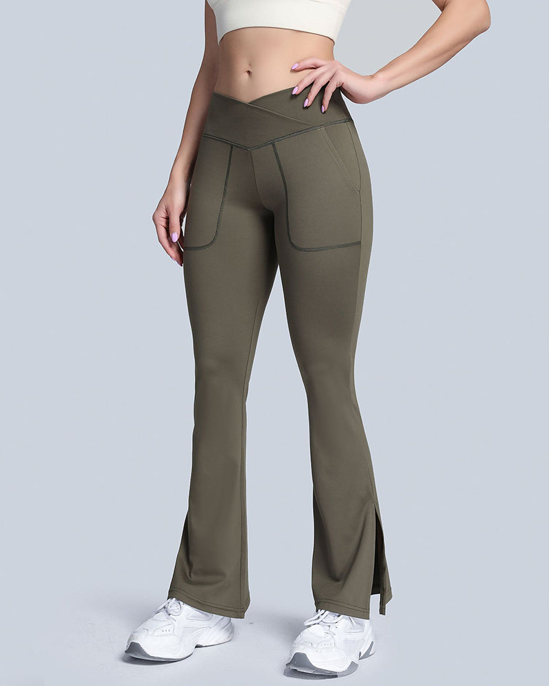 Ladies Cross Waist Wide Leg Pants Navel Nude Pockets High Waist Fitness Sports Yoga Pants S-XL