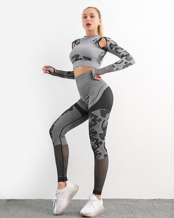 Autumn Seamless Camo Print Sports Yoga Set Sheer Mesh Patchwork Gym Pants Fitness Long Sleeve Leggings Tracksuit Training Clothing OM9316