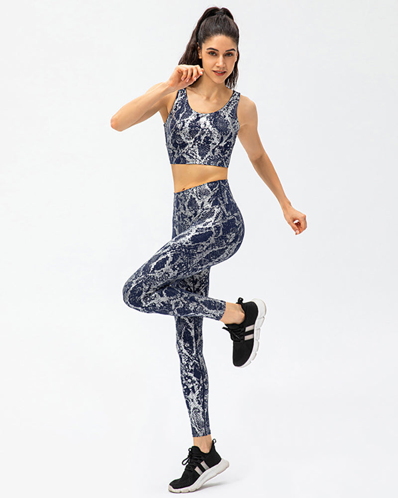 Hot Sale Women Snake Printed U Neck Bra Slim Tights Yoga Two-piece Sets Black White Deep Blue Brown S-2XL Pants sets