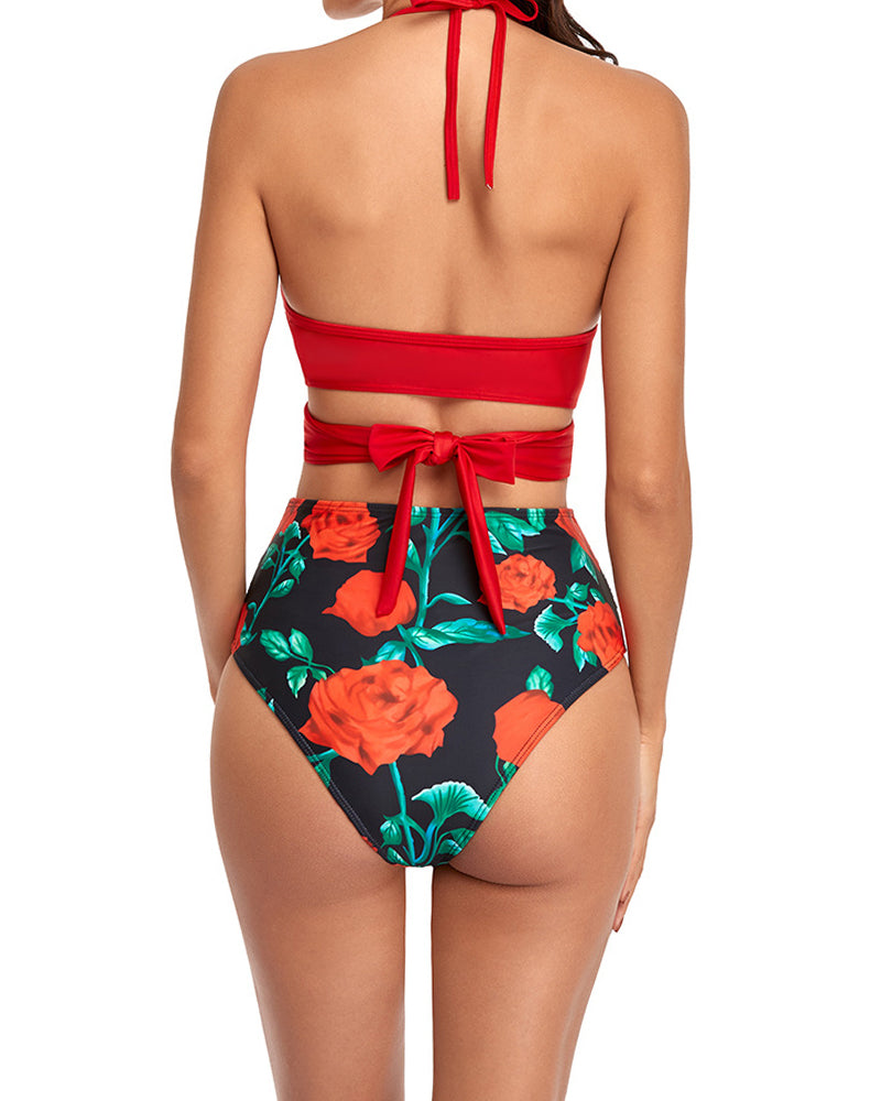 Sexy Floral Bikini Cross Bandage Split Swimsuit Tie Up High Waist Swimsuit YY10176