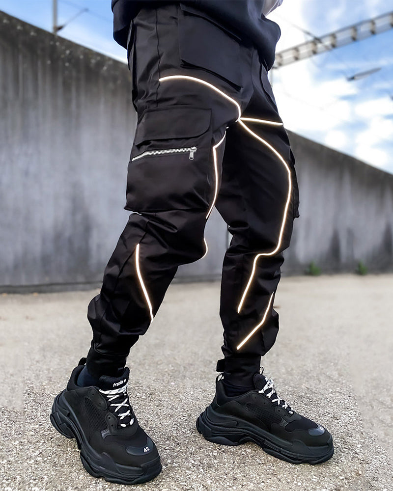 Summer Men Casual Steet Style Refletive Line Pocket Pants M-3XL Joggers