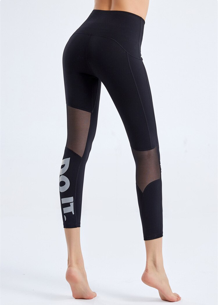 Summer New Tight Yoga Pants Female Mesh Stitching Pilates Leggings Letter Printing Elastic Thin Running Fitness Leggings Women