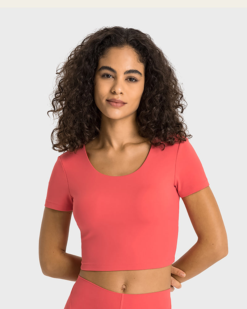 Women Back Ruched O-neck Short Sleeve Crop Top Sports T-shirt(with bra Pad) 4-12