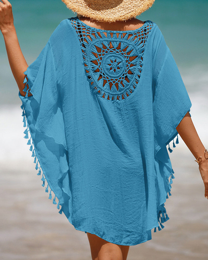 Sexy Loose Crochet Tassels Beach Dresses Cover Ups White Apricot Black Blue Rosy One Size