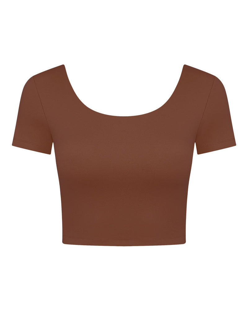 Women Back Ruched O-neck Short Sleeve Crop Top Sports T-shirt(with bra Pad) 4-12