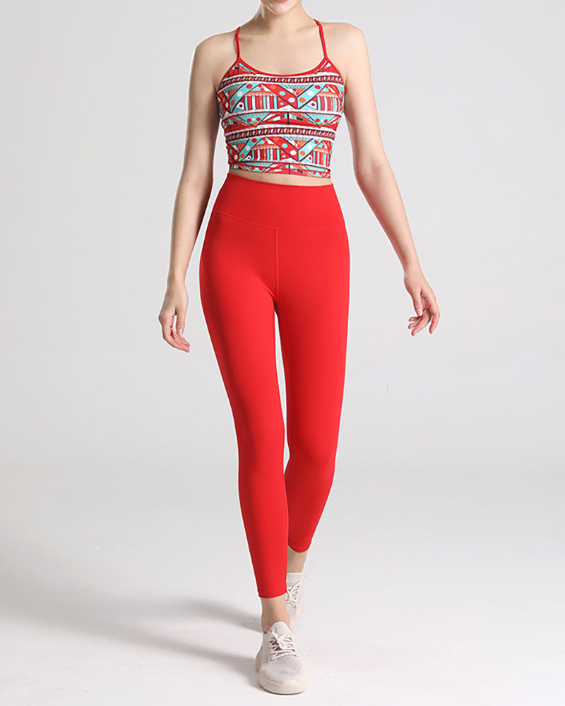 Women Mandala Print Sports Wear Yoga Two-piece Sets Red Rosy Purple S-L Pants Sets