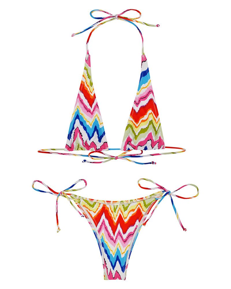 Colorful Printing Halter Neck Tie Side String Beach Bikinis Two-piece Swimsuit S-XL