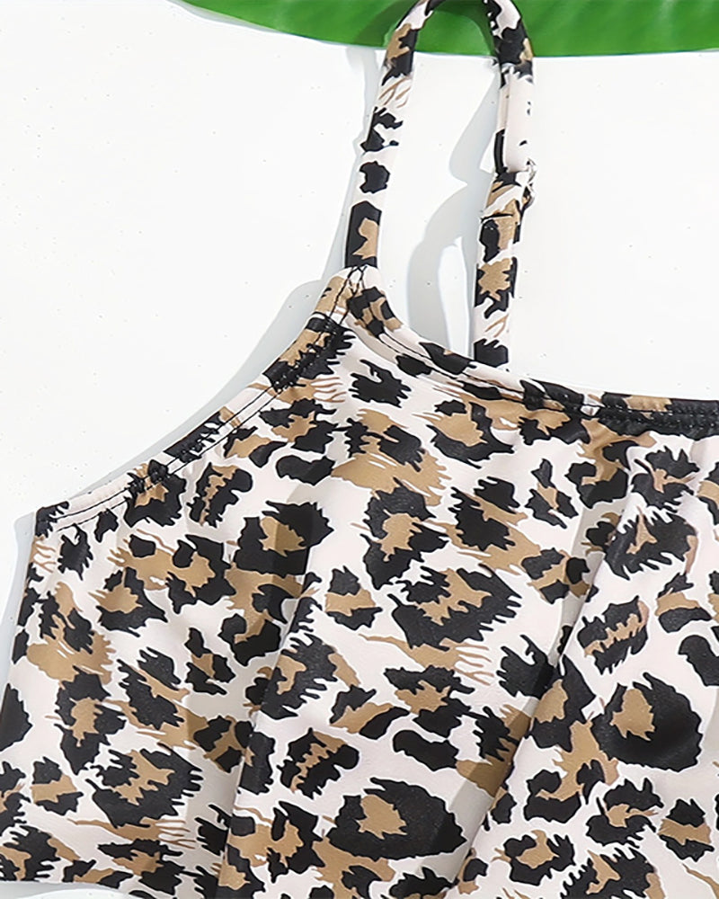 Ruffles Leopard Sling Top High Waist BottomTwo-piece Swimsuit Kid Swimwear Black 140-170