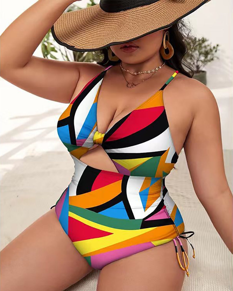 Women Florals Printing Hollow Out Backless High Waist Plus Size Swimsuit L-4XL